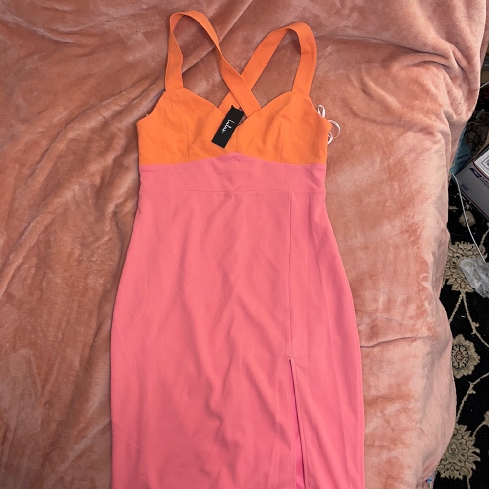 Lulu’s Most Loved Pink and Light Orange Colorblock Midi dress XL. NWT - Picture 4 of 5